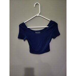 Decree Womens Navy Blue Short Sleeve Scoop Neck Crop Top Size Small